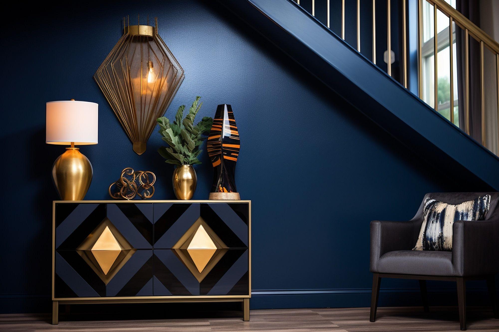 Navy stair hall with a geometric black and gold console