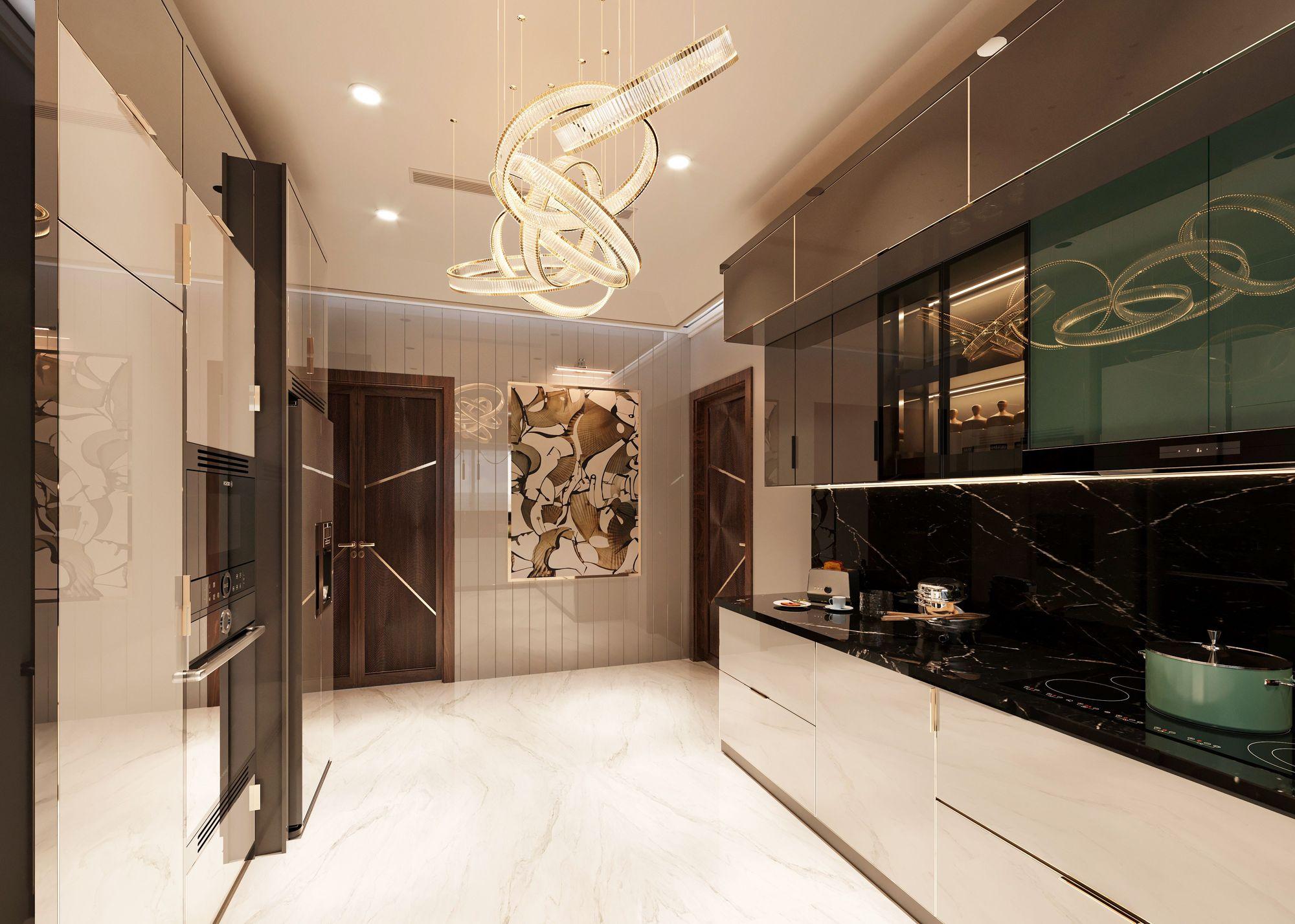 Lacquered kitchen with a knotted ring chandelier
