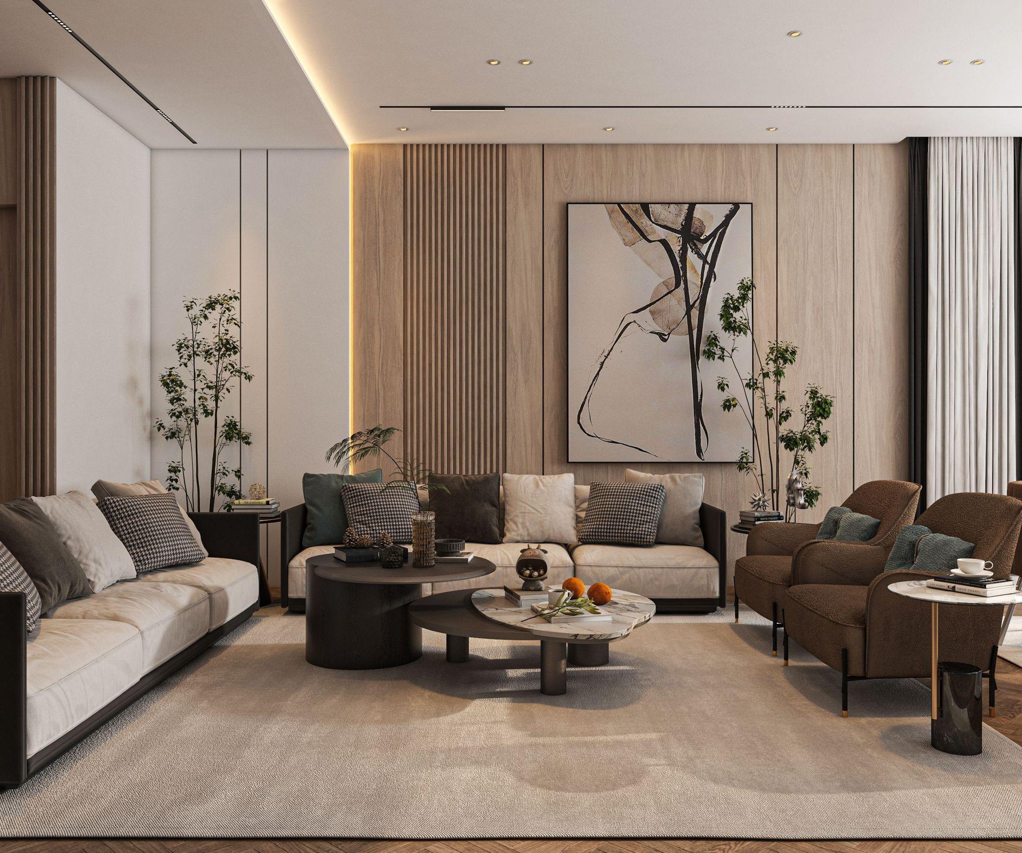 Calm living room in pale oak slats with layered neutral seating