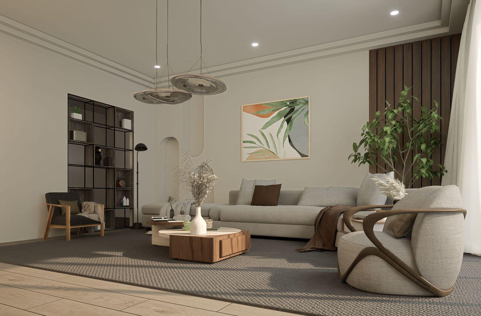 Soft neutral living room with suspended glass pendants and a sculptural armchair