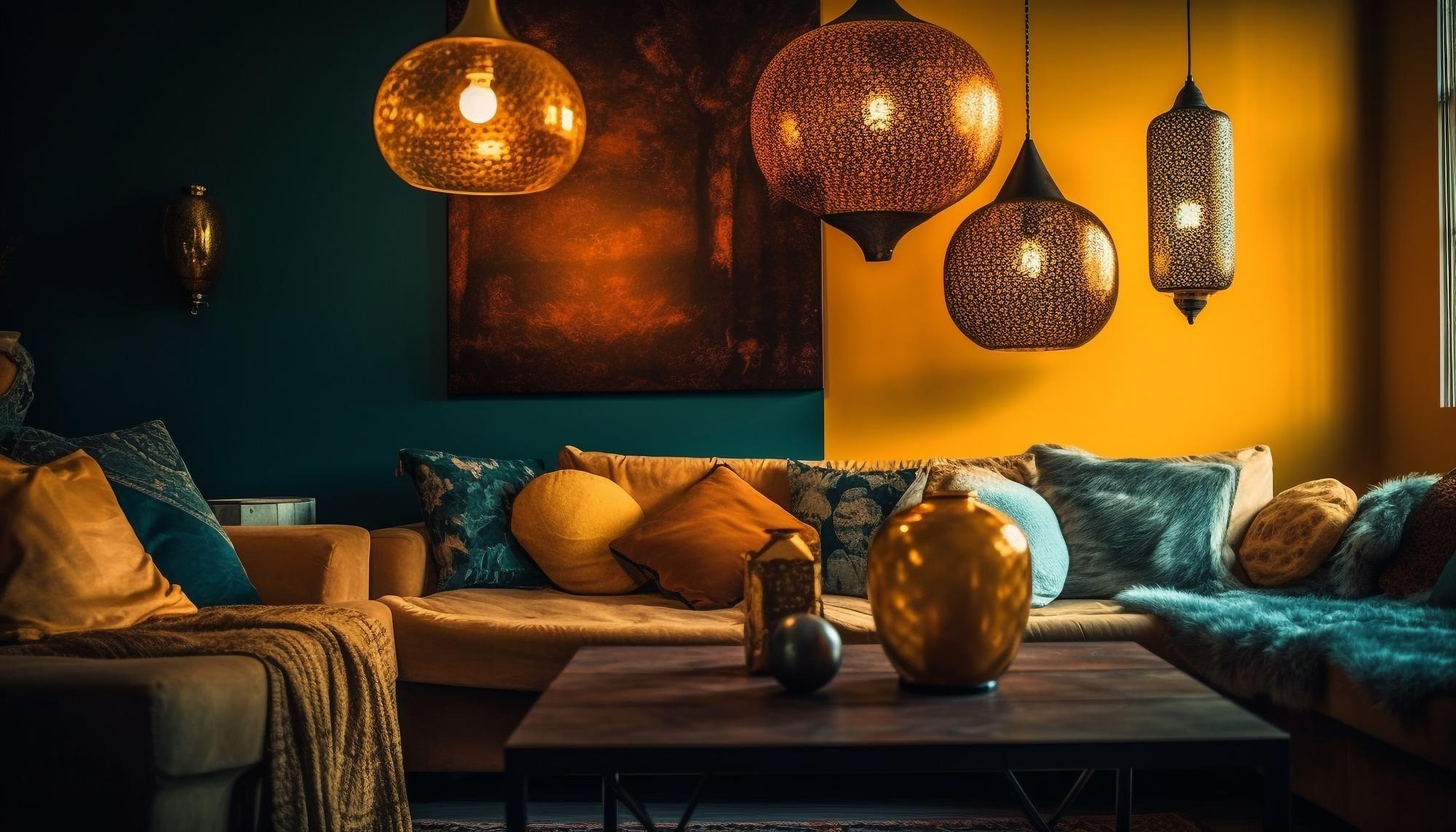 Teal and ochre lounge under pierced brass lanterns