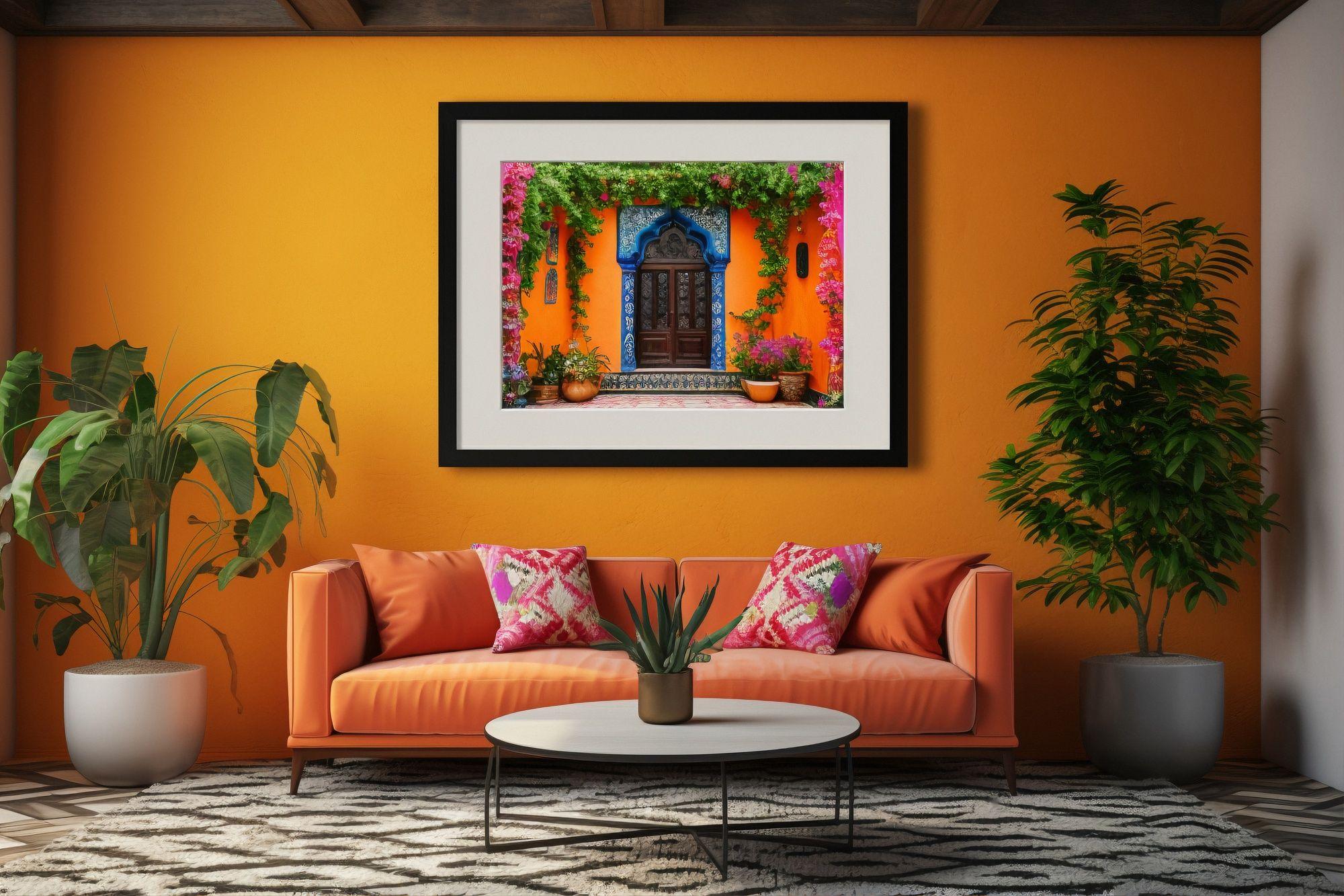 Tangerine lounge with pink ikat cushions and framed doorway art