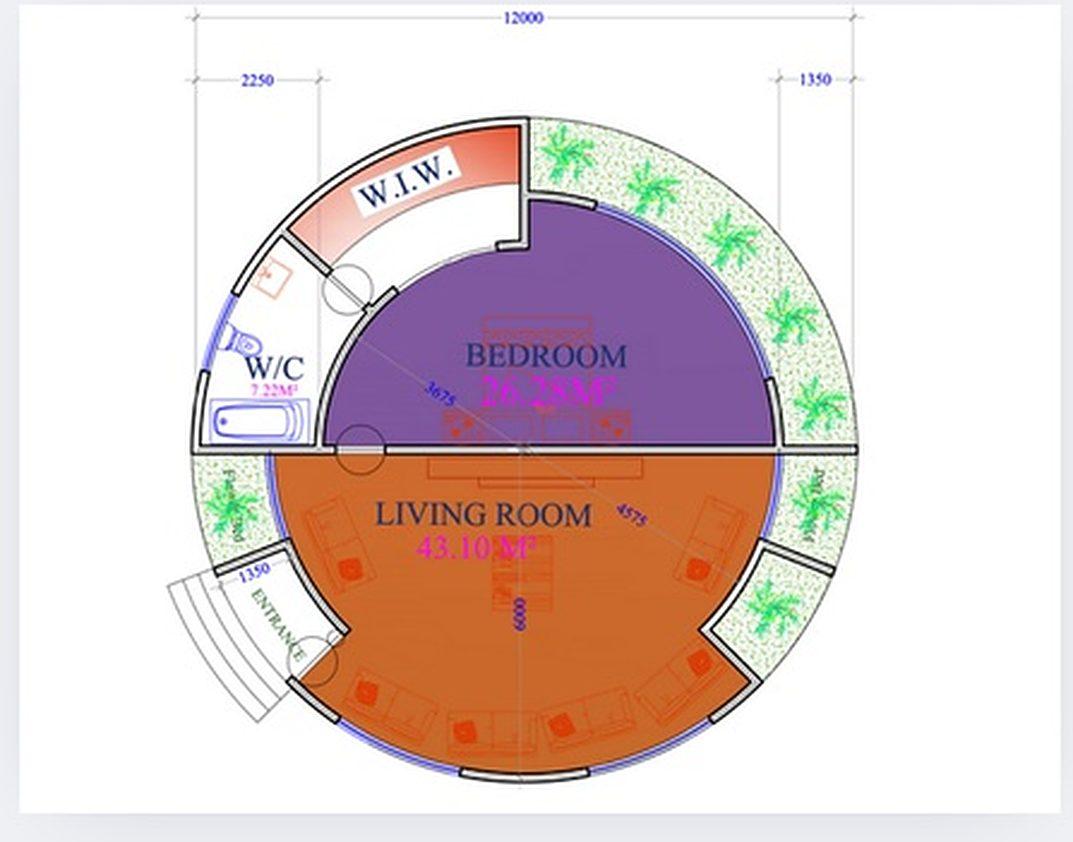 Circular floor plan showing the bedroom, living room and wet areas