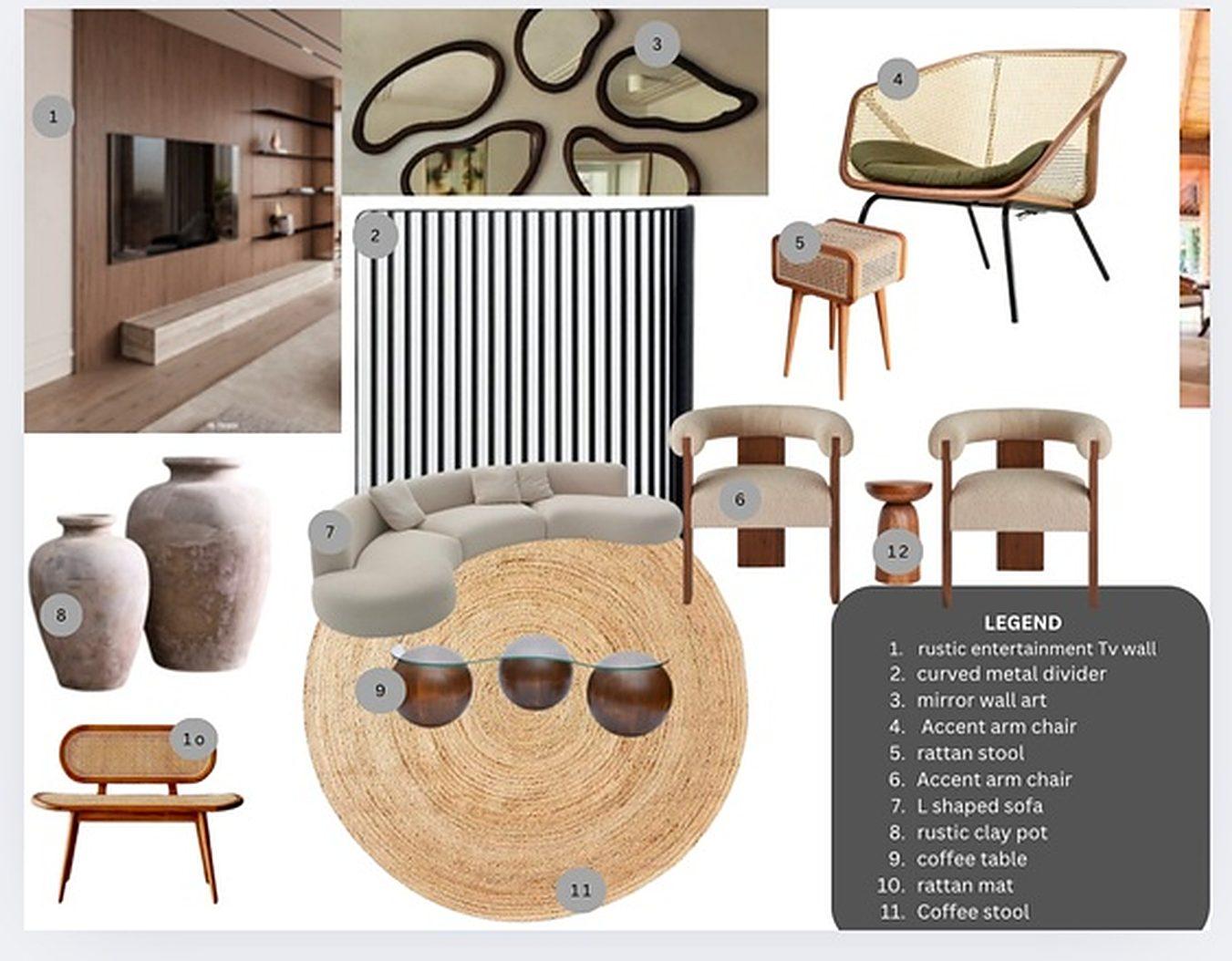 Living area mood board with rattan, clay pots and curved seating