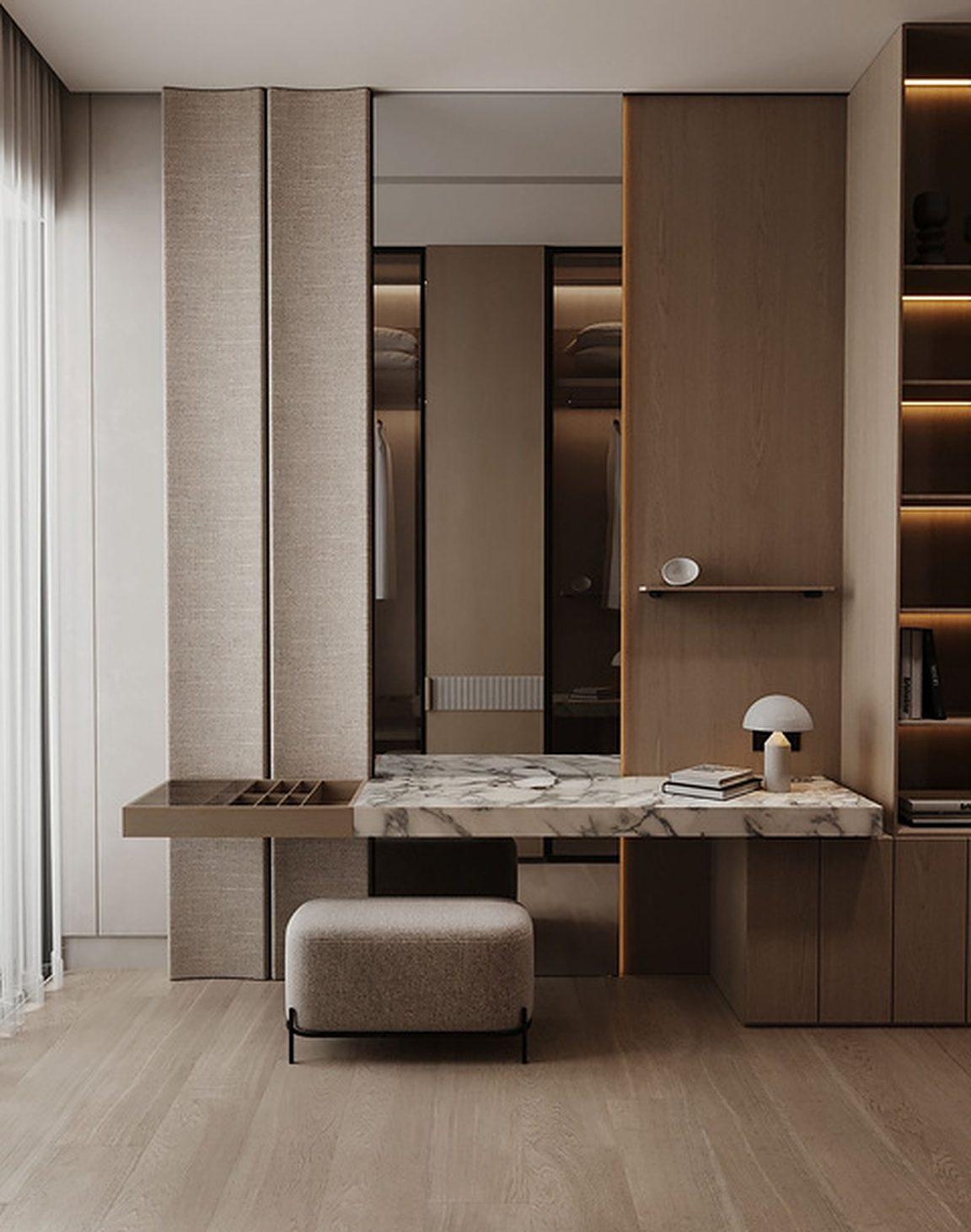 Vilancio dressing nook with a marble vanity and mirrored wardrobes
