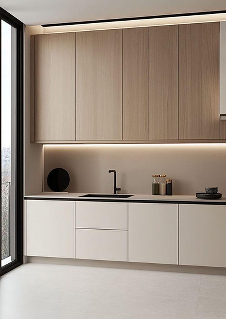 Vilancio kitchen in warm timber with a lit stone splashback