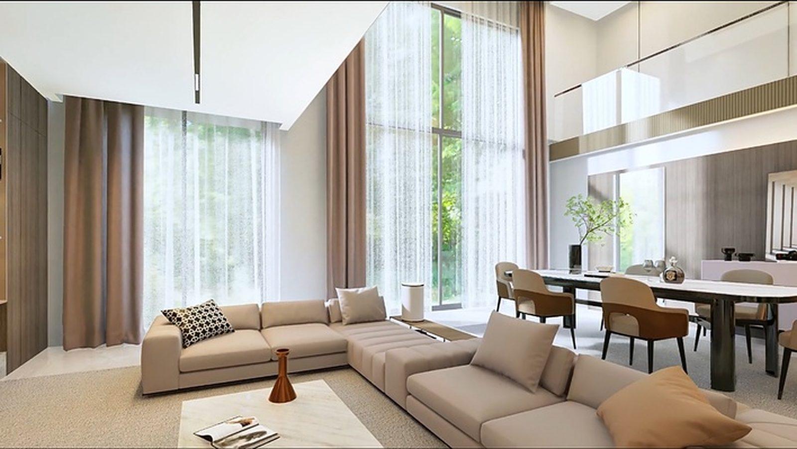 Double height Vilancio living space with sheer curtains and a long dining table