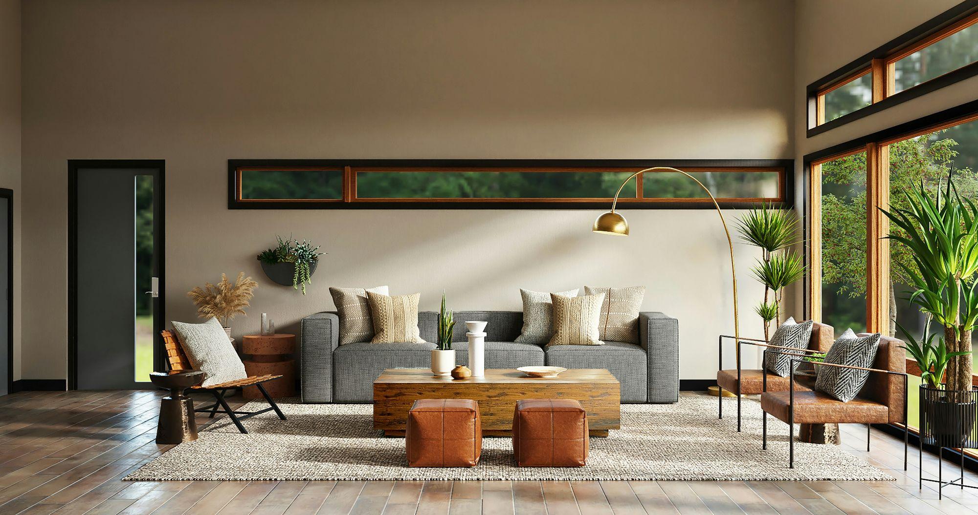 Open living room with a long clerestory window, grey sofa and leather ottomans