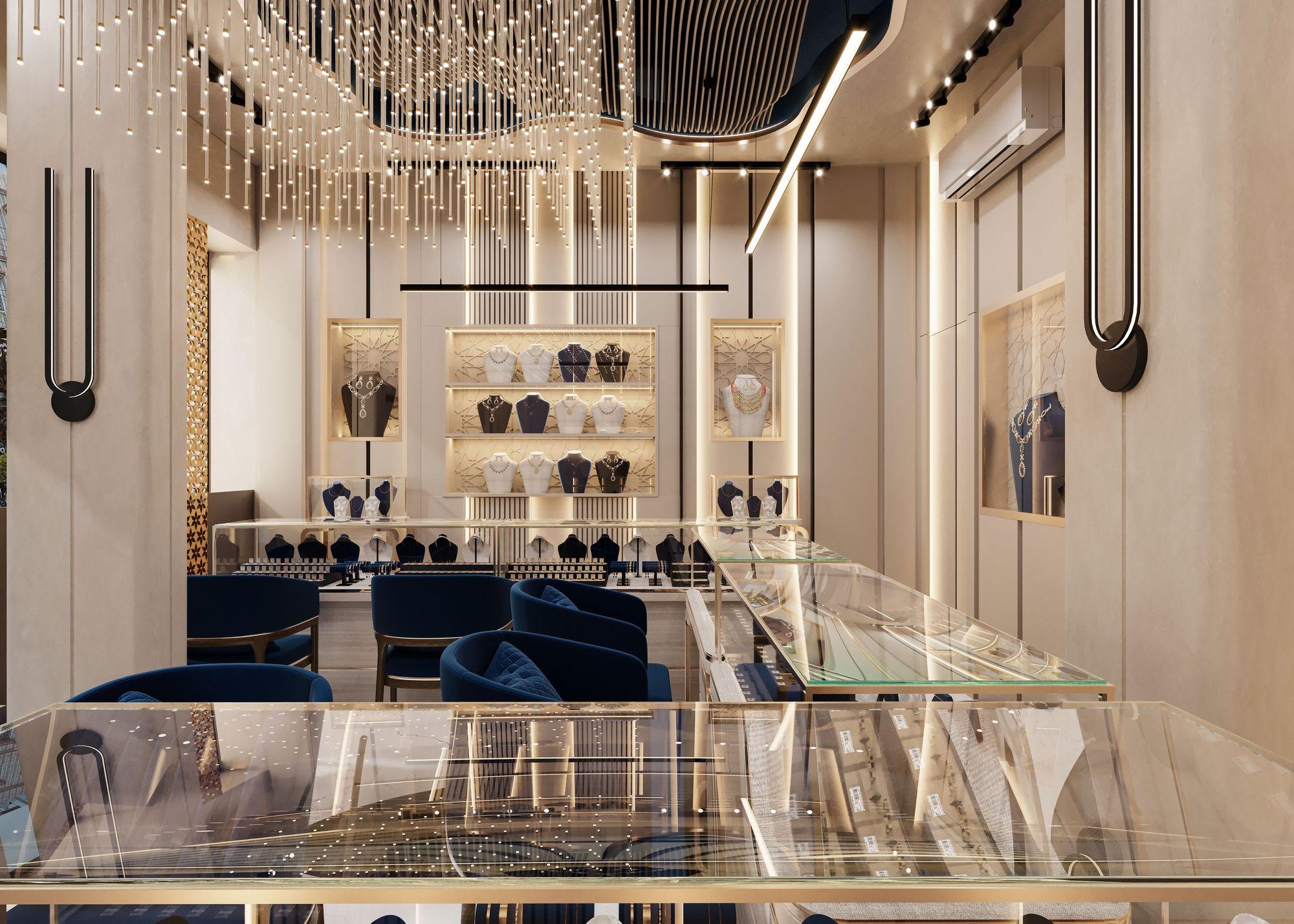 Jewellery showroom with cascading lights and navy velvet seating