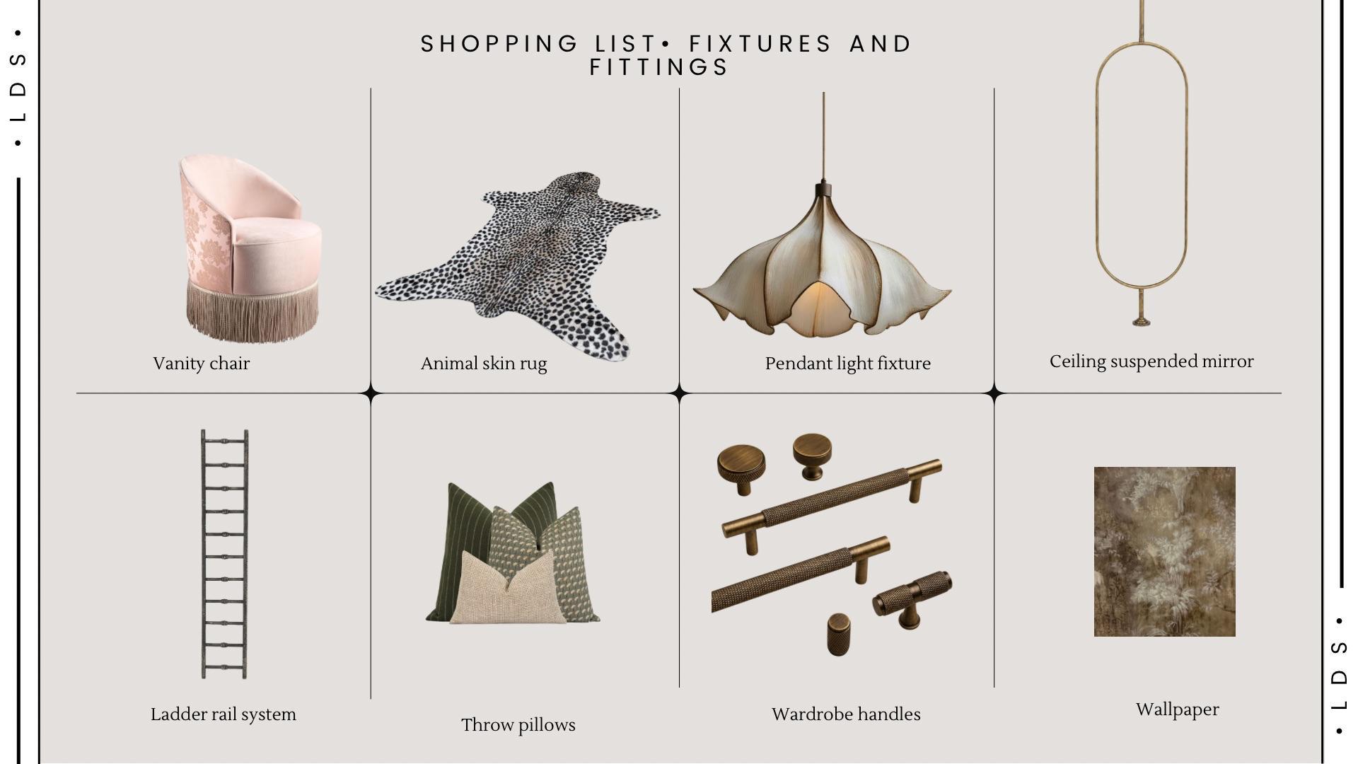 Fixtures and fittings shopping list showing a vanity chair, rug, pendant, suspended mirror, ladder rail, pillows, handles and wallpaper