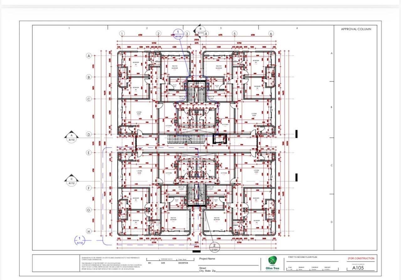 Dimensioned first to second floor construction plan with gridlines and approval column