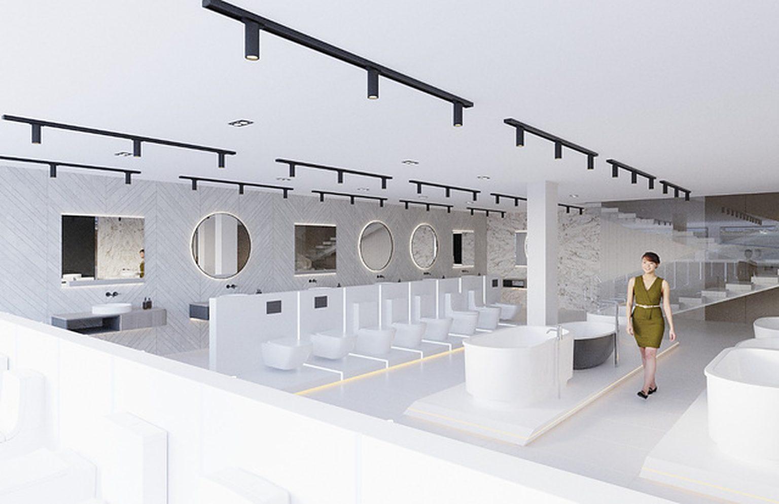 Long run of basin displays with round mirrors above