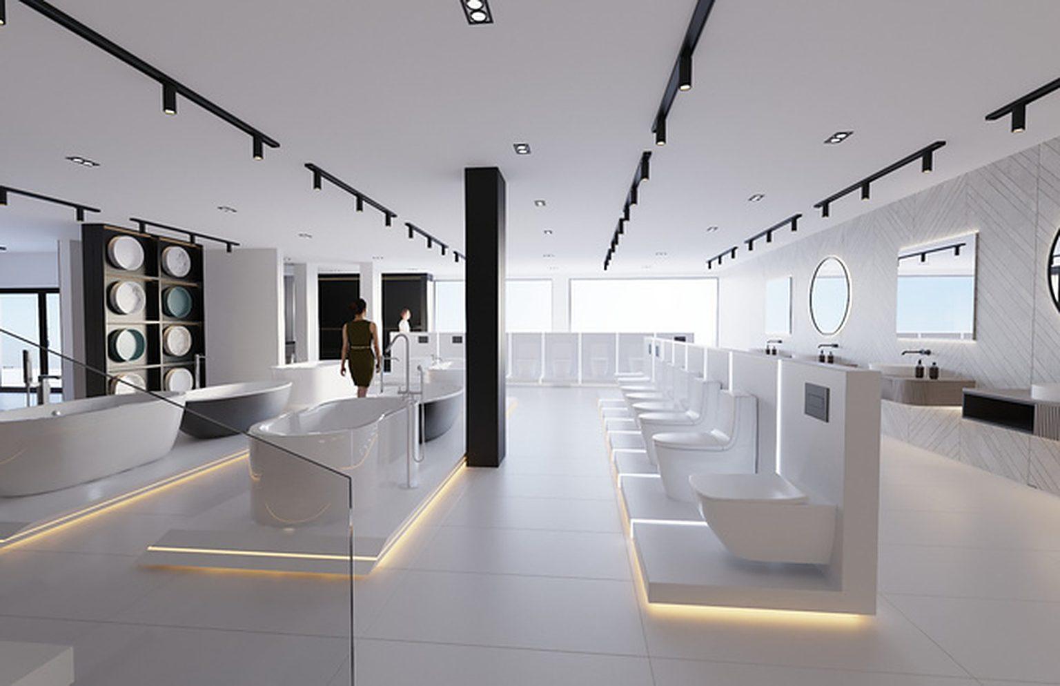 Showroom aisle lined with basins under a black track lighting grid