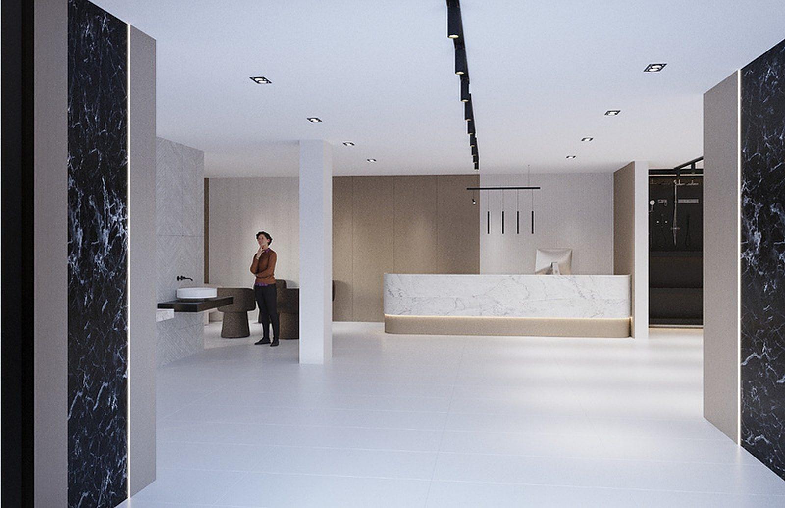 Sanitary ware showroom hall with marble columns and a lit display counter
