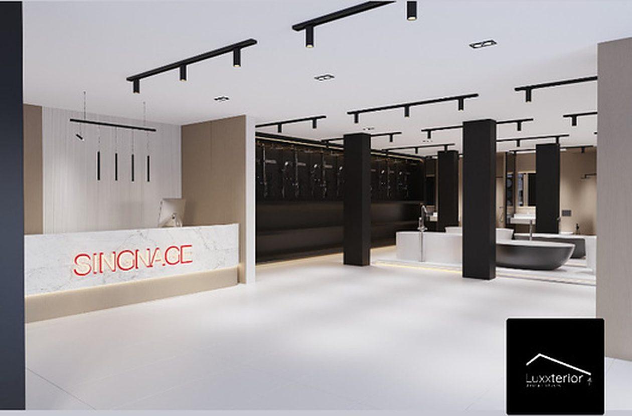 Showroom reception with brand signage and dark display bays